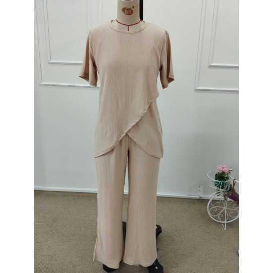 Kadın Kısa Kollu Bisiklet Yaka Asimetrik Kesim Detaylı Bürümcük Bluz Ve Pantolon Ikili Takım , 32505