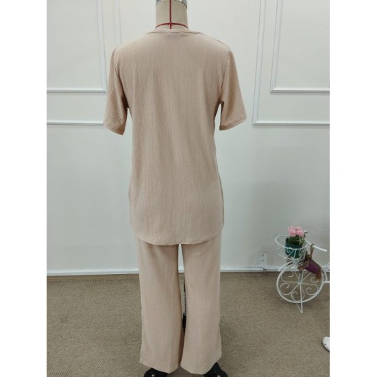 Kadın Kısa Kollu Bisiklet Yaka Asimetrik Kesim Detaylı Bürümcük Bluz Ve Pantolon Ikili Takım , 32505