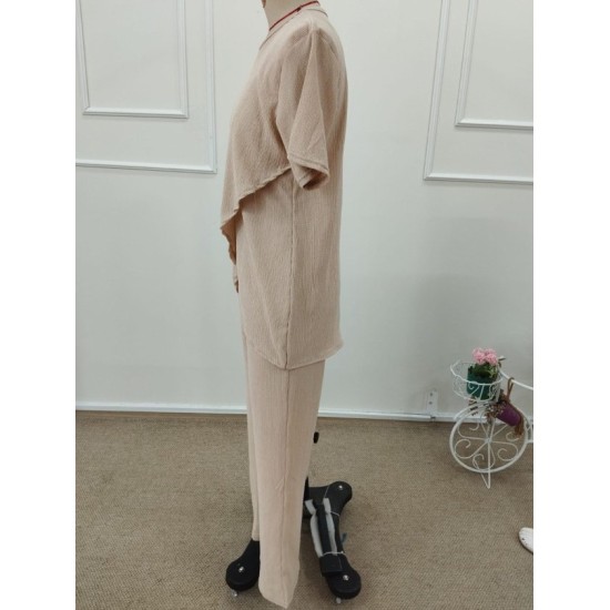 Kadın Kısa Kollu Bisiklet Yaka Asimetrik Kesim Detaylı Bürümcük Bluz Ve Pantolon Ikili Takım , 32505