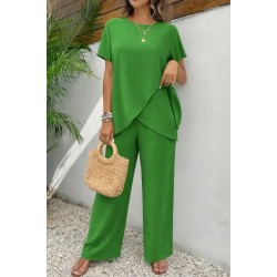 Kadın Kısa Kollu Bisiklet Yaka Asimetrik Kesim Detaylı Bürümcük Bluz Ve Pantolon Ikili Takım , 32504