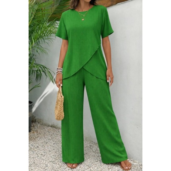 Kadın Kısa Kollu Bisiklet Yaka Asimetrik Kesim Detaylı Bürümcük Bluz Ve Pantolon Ikili Takım , 32504