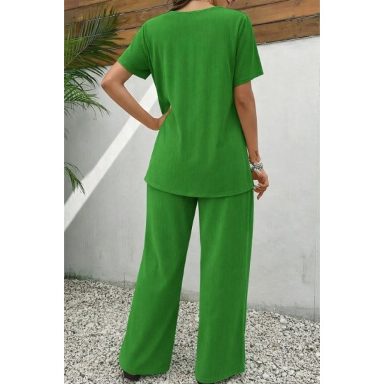 Kadın Kısa Kollu Bisiklet Yaka Asimetrik Kesim Detaylı Bürümcük Bluz Ve Pantolon Ikili Takım , 32504