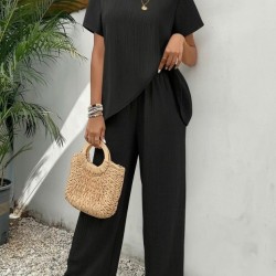 Kadın Kısa Kollu Bisiklet Yaka Asimetrik Kesim Detaylı Bürümcük Bluz Ve Pantolon Ikili Takım , 32497