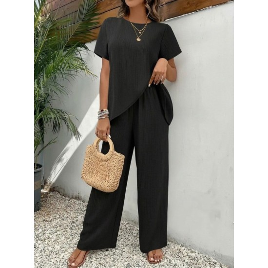 Kadın Kısa Kollu Bisiklet Yaka Asimetrik Kesim Detaylı Bürümcük Bluz Ve Pantolon Ikili Takım , 32497