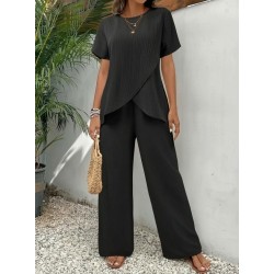 Kadın Kısa Kollu Bisiklet Yaka Asimetrik Kesim Detaylı Bürümcük Bluz Ve Pantolon Ikili Takım , 32497 Kadın Kısa Kollu Bisiklet Yaka Asimetrik Kesim Detaylı Bürümcük Bluz Ve Pantolon Ikili Takım , 32497