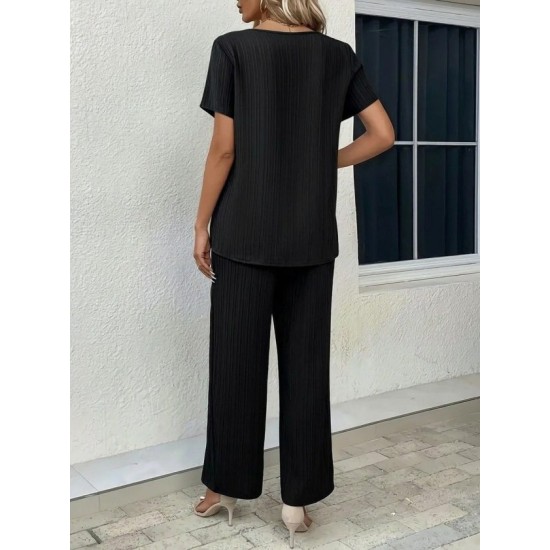 Kadın Kısa Kollu Bisiklet Yaka Asimetrik Kesim Detaylı Bürümcük Bluz Ve Pantolon Ikili Takım , 32497