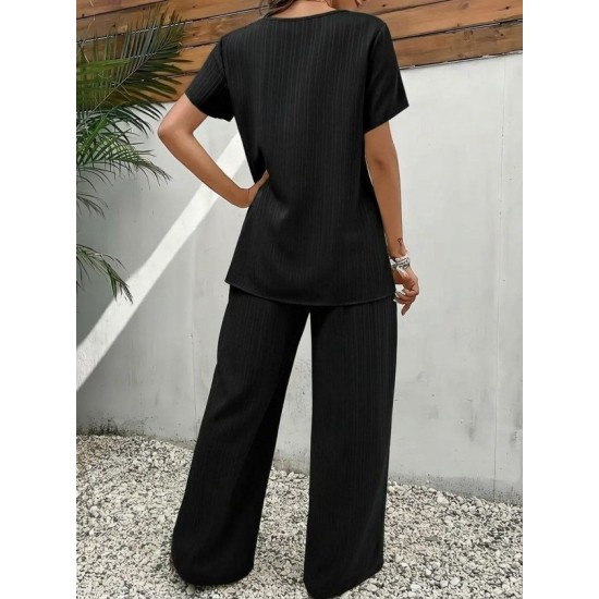 Kadın Kısa Kollu Bisiklet Yaka Asimetrik Kesim Detaylı Bürümcük Bluz Ve Pantolon Ikili Takım , 32497