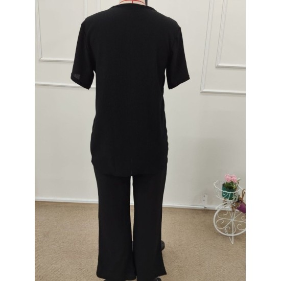 Kadın Kısa Kollu Bisiklet Yaka Asimetrik Kesim Detaylı Bürümcük Bluz Ve Pantolon Ikili Takım , 32497