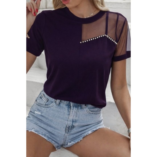 Kadın Kısa Kollu Tül Detaylı Taşlı Janjan Krep Bluz, 32525 Kadın Kısa Kollu Tül Detaylı Taşlı Janjan Krep Bluz, 32525