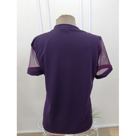 Kadın Kısa Kollu Tül Detaylı Taşlı Janjan Krep Bluz, 32525 Kadın Kısa Kollu Tül Detaylı Taşlı Janjan Krep Bluz, 32525