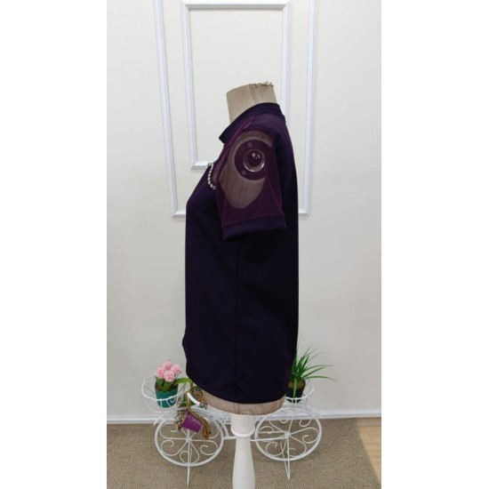 Kadın Kısa Kollu Tül Detaylı Taşlı Janjan Krep Bluz, 32525 Kadın Kısa Kollu Tül Detaylı Taşlı Janjan Krep Bluz, 32525