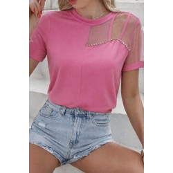 Kadın Kısa Kollu Tül Detaylı Taşlı Janjan Krep Bluz, 32524