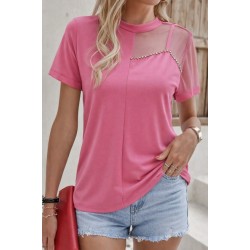 Kadın Kısa Kollu Tül Detaylı Taşlı Janjan Krep Bluz, 32524 Kadın Kısa Kollu Tül Detaylı Taşlı Janjan Krep Bluz, 32524