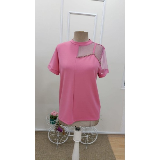 Kadın Kısa Kollu Tül Detaylı Taşlı Janjan Krep Bluz, 32524 Kadın Kısa Kollu Tül Detaylı Taşlı Janjan Krep Bluz, 32524