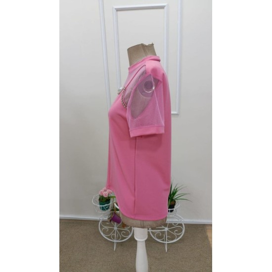 Kadın Kısa Kollu Tül Detaylı Taşlı Janjan Krep Bluz, 32524 Kadın Kısa Kollu Tül Detaylı Taşlı Janjan Krep Bluz, 32524