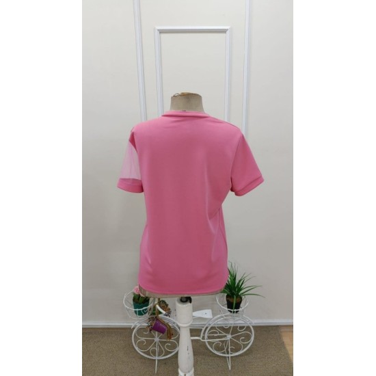 Kadın Kısa Kollu Tül Detaylı Taşlı Janjan Krep Bluz, 32524 Kadın Kısa Kollu Tül Detaylı Taşlı Janjan Krep Bluz, 32524