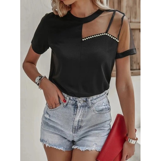 Kadın Kısa Kollu Tül Detaylı Taşlı Janjan Krep Bluz, 32522