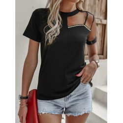 Kadın Kısa Kollu Tül Detaylı Taşlı Janjan Krep Bluz, 32522 Kadın Kısa Kollu Tül Detaylı Taşlı Janjan Krep Bluz, 32522