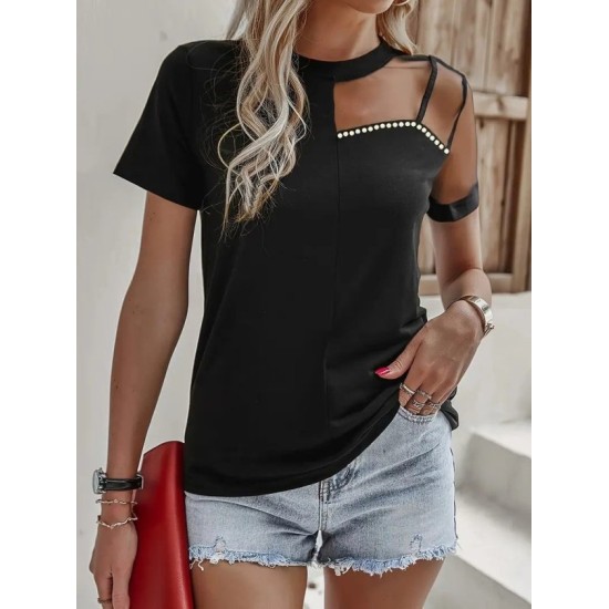 Kadın Kısa Kollu Tül Detaylı Taşlı Janjan Krep Bluz, 32522