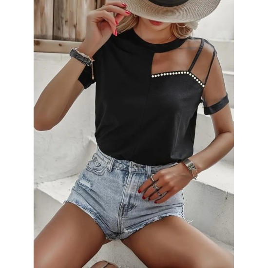 Kadın Kısa Kollu Tül Detaylı Taşlı Janjan Krep Bluz, 32522