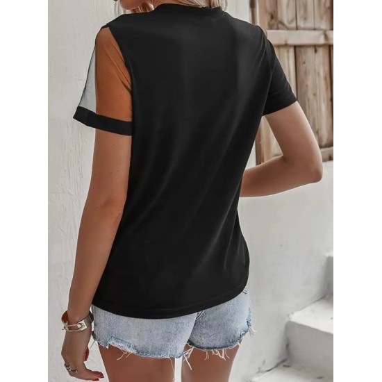 Kadın Kısa Kollu Tül Detaylı Taşlı Janjan Krep Bluz, 32522