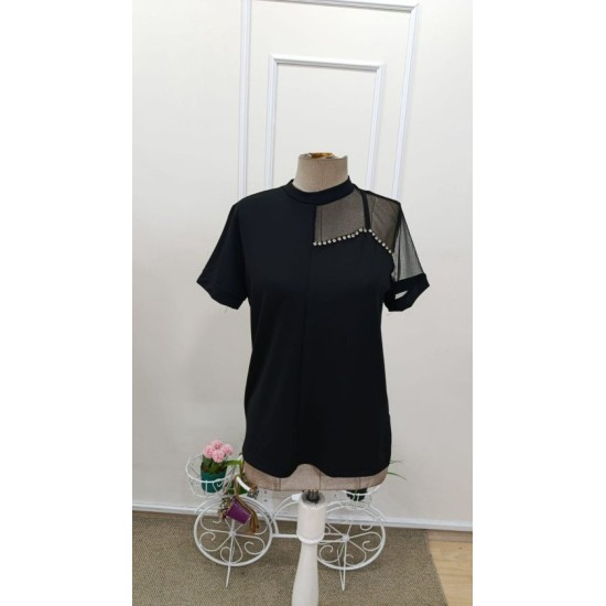 Kadın Kısa Kollu Tül Detaylı Taşlı Janjan Krep Bluz, 32522