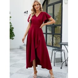 Kadın Kısa Kollu Kruvaze Yakalı ön Asimetrik Volanlı Uzun Ithal Krep Elbise , 32538