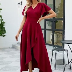 Kadın Kısa Kollu Kruvaze Yakalı ön Asimetrik Volanlı Uzun Ithal Krep Elbise , 32538 Kadın Kısa Kollu Kruvaze Yakalı ön Asimetrik Volanlı Uzun Ithal Krep Elbise , 32538