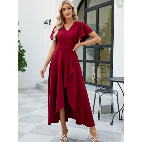 Kadın Kısa Kollu Kruvaze Yakalı ön Asimetrik Volanlı Uzun Ithal Krep Elbise , 32538