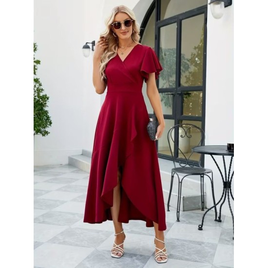 Kadın Kısa Kollu Kruvaze Yakalı ön Asimetrik Volanlı Uzun Ithal Krep Elbise , 32538