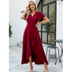 Kadın Kısa Kollu Kruvaze Yakalı ön Asimetrik Volanlı Uzun Ithal Krep Elbise , 32538