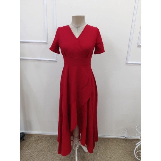 Kadın Kısa Kollu Kruvaze Yakalı ön Asimetrik Volanlı Uzun Ithal Krep Elbise , 32538