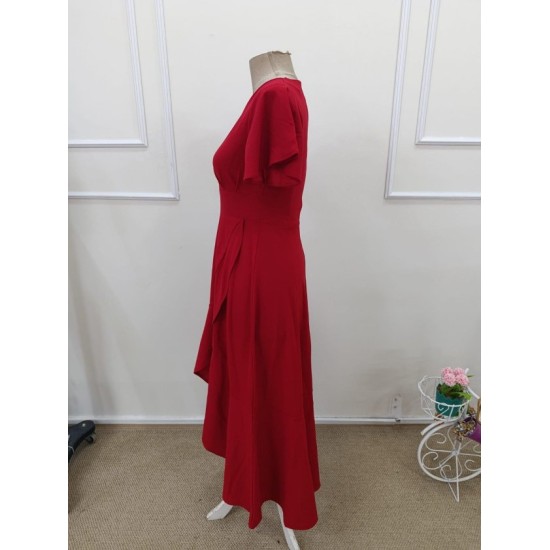 Kadın Kısa Kollu Kruvaze Yakalı ön Asimetrik Volanlı Uzun Ithal Krep Elbise , 32538