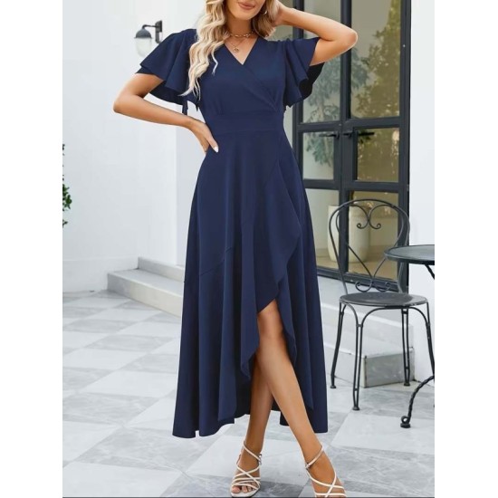 Kadın Kısa Kollu Kruvaze Yakalı ön Asimetrik Volanlı Uzun Ithal Krep Elbise , 32537