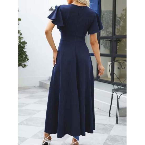 Kadın Kısa Kollu Kruvaze Yakalı ön Asimetrik Volanlı Uzun Ithal Krep Elbise , 32537