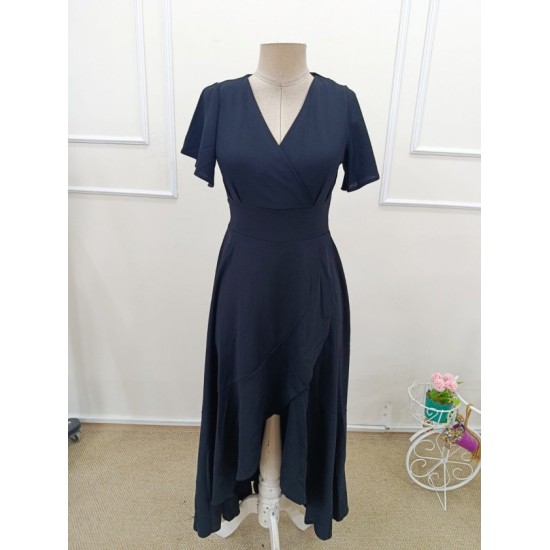 Kadın Kısa Kollu Kruvaze Yakalı ön Asimetrik Volanlı Uzun Ithal Krep Elbise , 32537