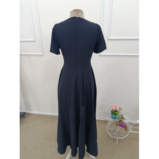 Kadın Kısa Kollu Kruvaze Yakalı ön Asimetrik Volanlı Uzun Ithal Krep Elbise , 32537