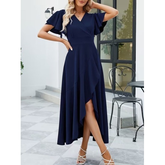 Kadın Kısa Kollu Kruvaze Yakalı ön Asimetrik Volanlı Uzun Ithal Krep Elbise , 32536