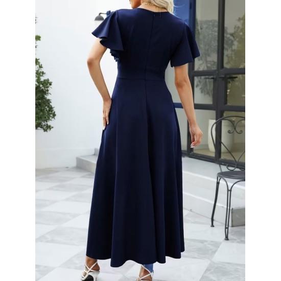 Kadın Kısa Kollu Kruvaze Yakalı ön Asimetrik Volanlı Uzun Ithal Krep Elbise , 32536