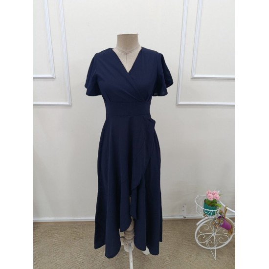 Kadın Kısa Kollu Kruvaze Yakalı ön Asimetrik Volanlı Uzun Ithal Krep Elbise , 32536