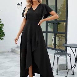 Kadın Kısa Kollu Kruvaze Yakalı ön Asimetrik Volanlı Uzun Ithal Krep Elbise , 32534 Kadın Kısa Kollu Kruvaze Yakalı ön Asimetrik Volanlı Uzun Ithal Krep Elbise , 32534