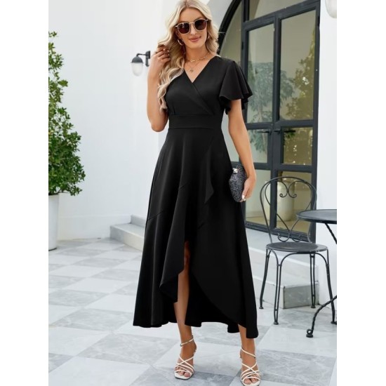 Kadın Kısa Kollu Kruvaze Yakalı ön Asimetrik Volanlı Uzun Ithal Krep Elbise , 32534 Kadın Kısa Kollu Kruvaze Yakalı ön Asimetrik Volanlı Uzun Ithal Krep Elbise , 32534