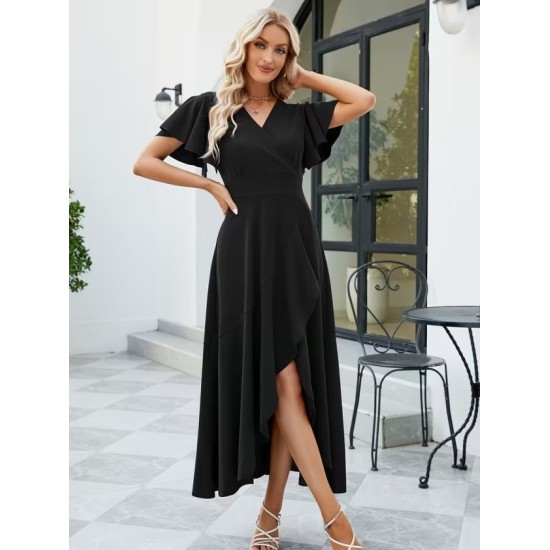 Kadın Kısa Kollu Kruvaze Yakalı ön Asimetrik Volanlı Uzun Ithal Krep Elbise , 32534 Kadın Kısa Kollu Kruvaze Yakalı ön Asimetrik Volanlı Uzun Ithal Krep Elbise , 32534