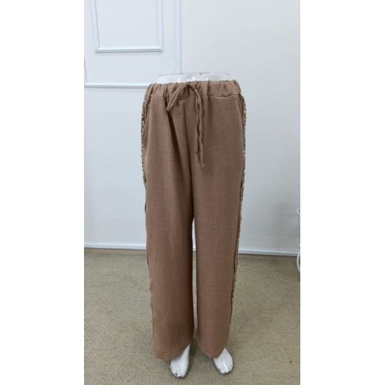 Kadın Yüksek Bel Süs Bağcıklı Yandan Dantel Detay Uzun Pantolon , 32533