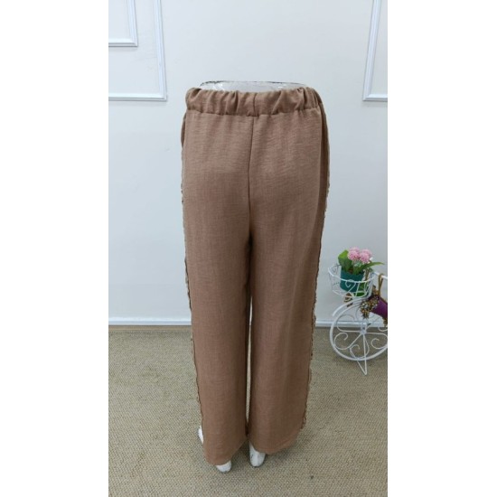 Kadın Yüksek Bel Süs Bağcıklı Yandan Dantel Detay Uzun Pantolon , 32533