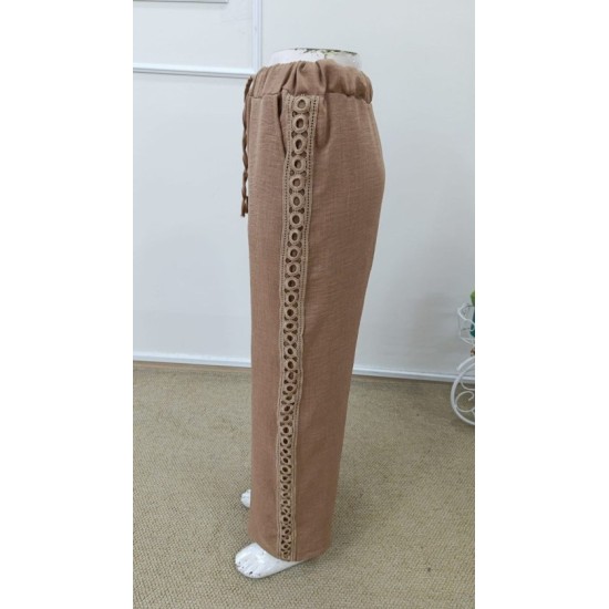 Kadın Yüksek Bel Süs Bağcıklı Yandan Dantel Detay Uzun Pantolon , 32533