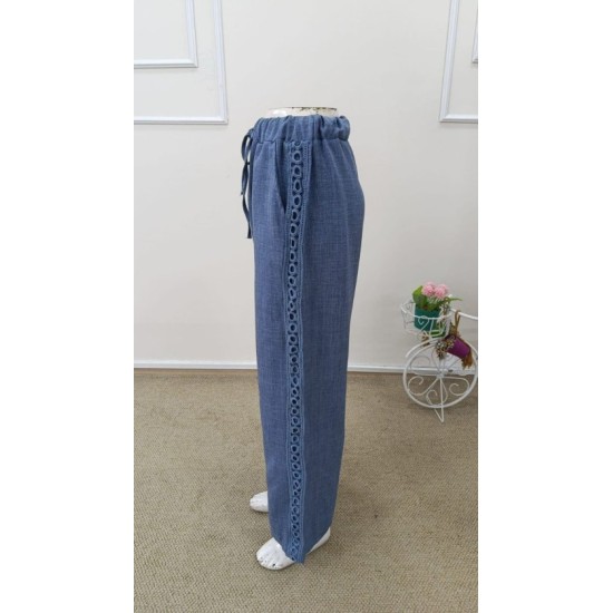 Kadın Yüksek Bel Süs Bağcıklı Yandan Dantel Detay Uzun Pantolon , 32532