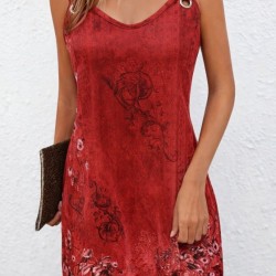 Kadın Askılı V Yakalı Kuş Gözü Detaylı Desenli Kısa Süprem Elbise, 32542