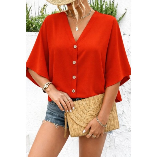 Kadın Kısa Yarasa Kollu V Yakalı önden Düğmeli Aerobin Bluz, 32551