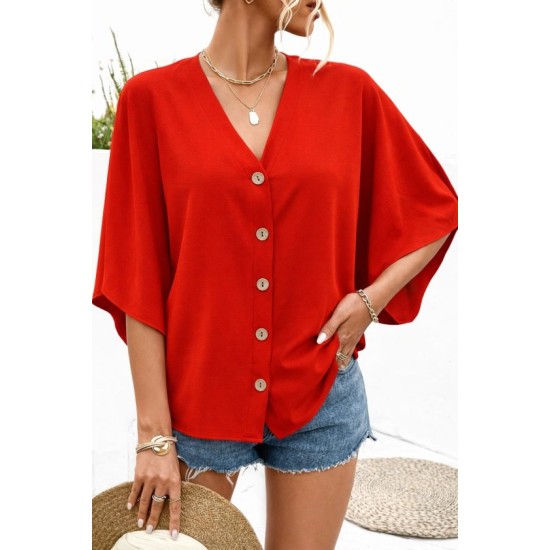 Kadın Kısa Yarasa Kollu V Yakalı önden Düğmeli Aerobin Bluz, 32551